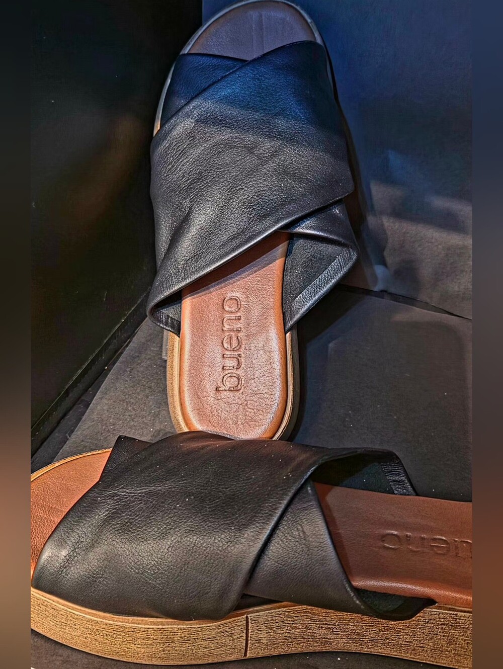 Bueno Black Leather Flatform Slides